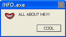 A windows XP style error window. The text reads "ALL ABOUT ME!!!" in black capital letters. The icon to the left of it is a mouth smiling.